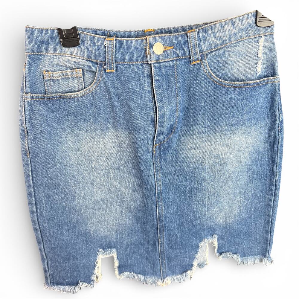 NWT Sans Souci Distressed Denim Mini Skirt Size Small Frayed Raw Hem Blue Jean